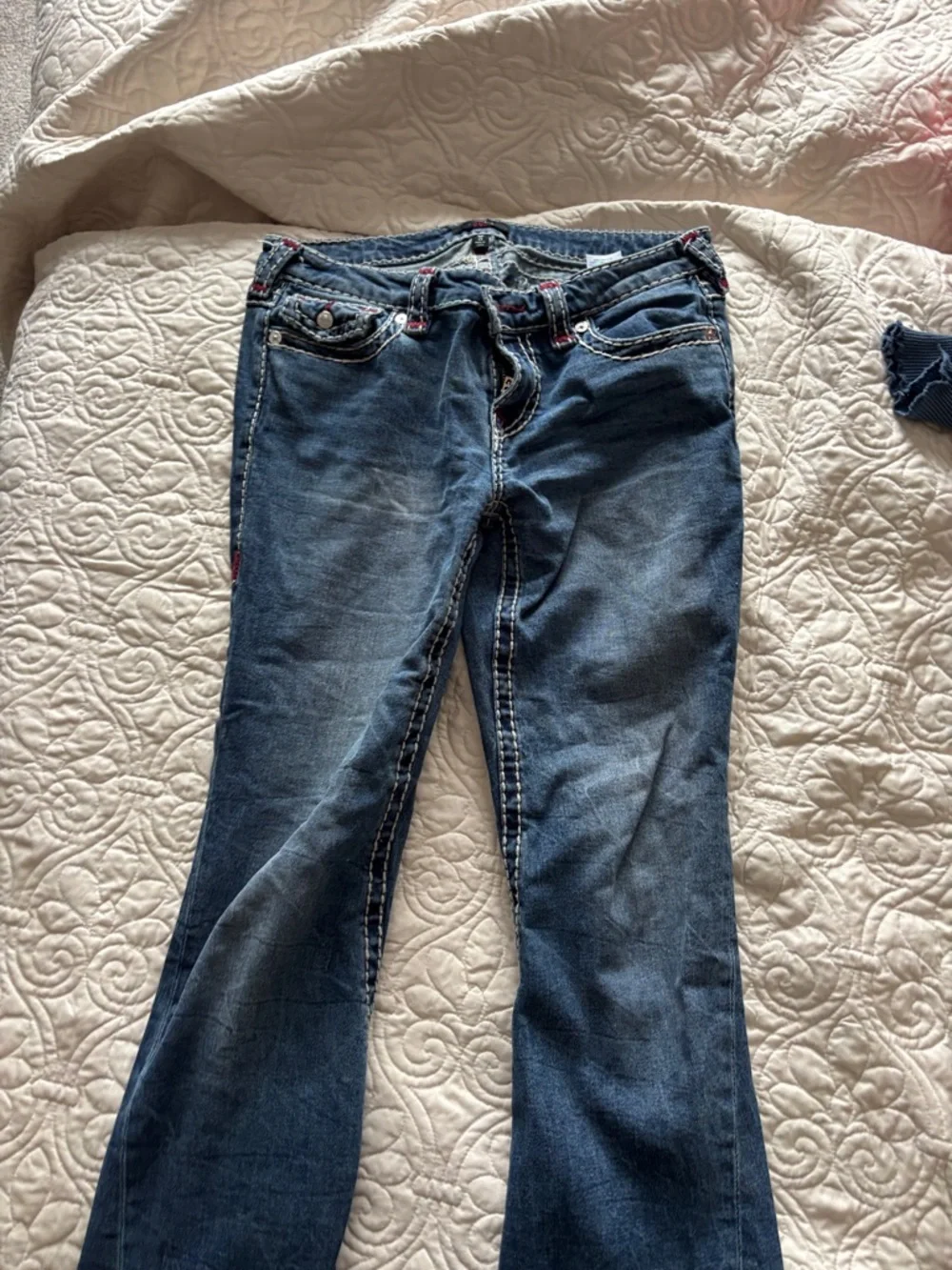 True Religion Dark Blue Flared Jeans with Contrast Stitching - Picture 1 of 8